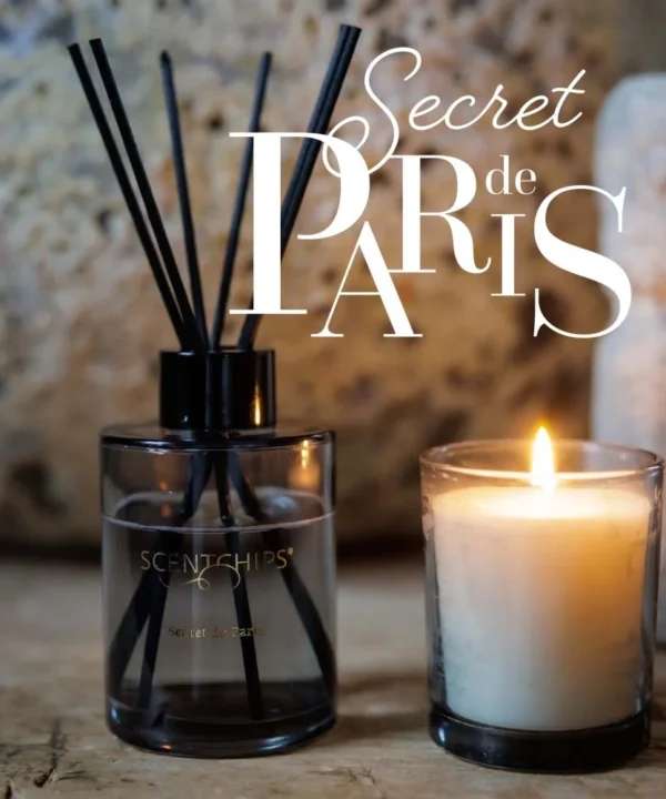 Namų kvapai su lazdelėmis ir kvapnios žvakės rinkinys dėžutėje Scentchips Imagine Paris.