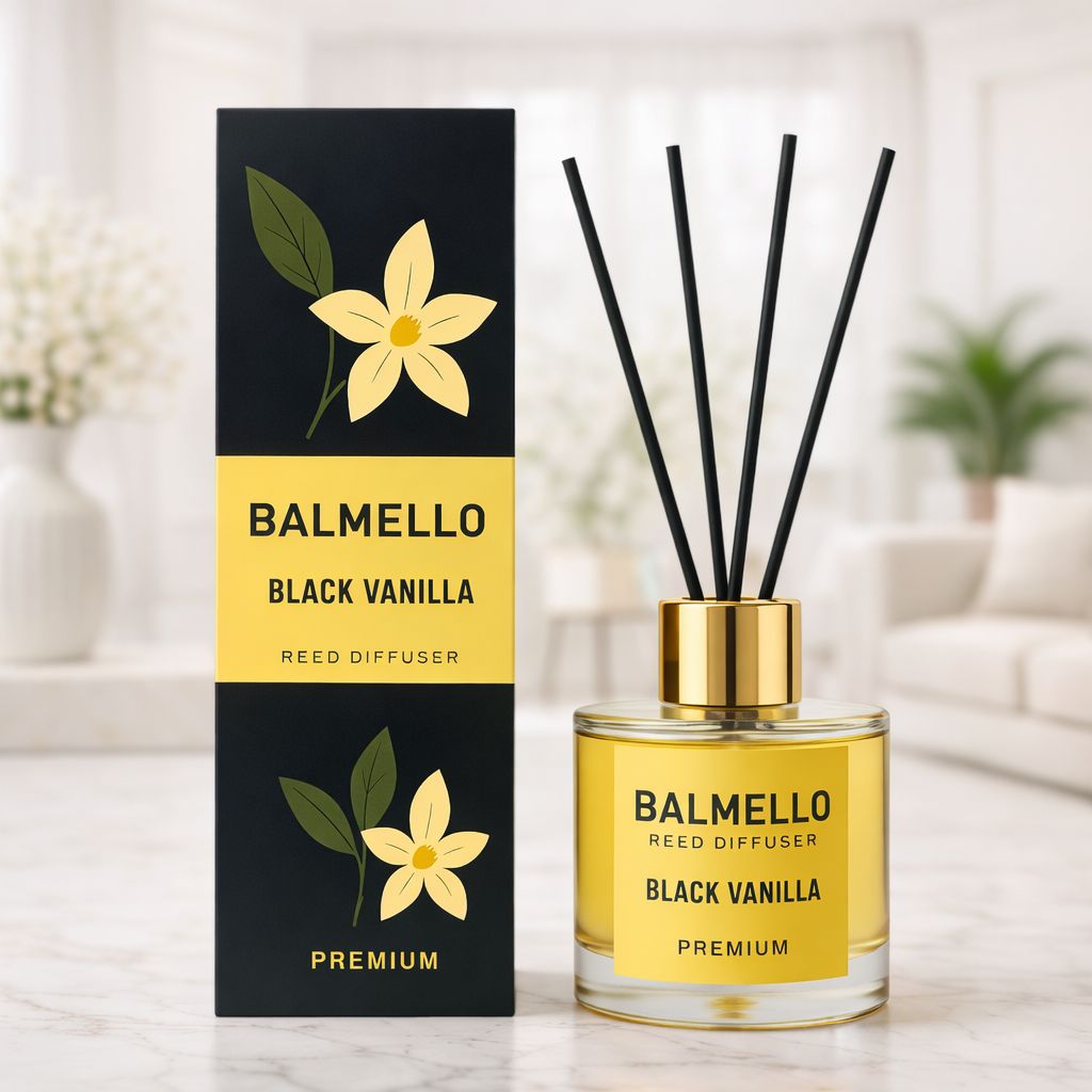 Namų kvapas su lazdelėmis BALMELLO JUODA VANILĖ PREMIUM 120 ml